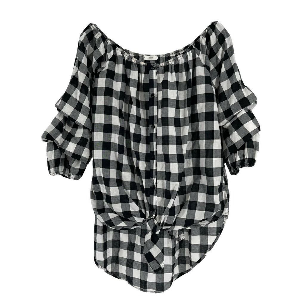Off The Shoulder Gingham Plaid Top Black White Ruffle Sleeve Front Knot Size S